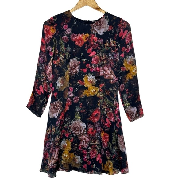 Adam Lippes Black Floral Printed Silk Georgette Skater Dress Size 4 - Picture 2 of 9